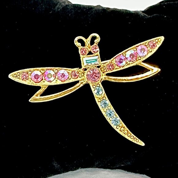 1928 Collection Gold-Tone Dragonfly Brooch With Pink & Blue Rhinestones - Picture 2 of 11